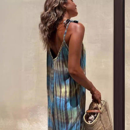 Women's Jumpsuit – Loose Fit – Adjustable Straps – V-Neck – Waistband – Print