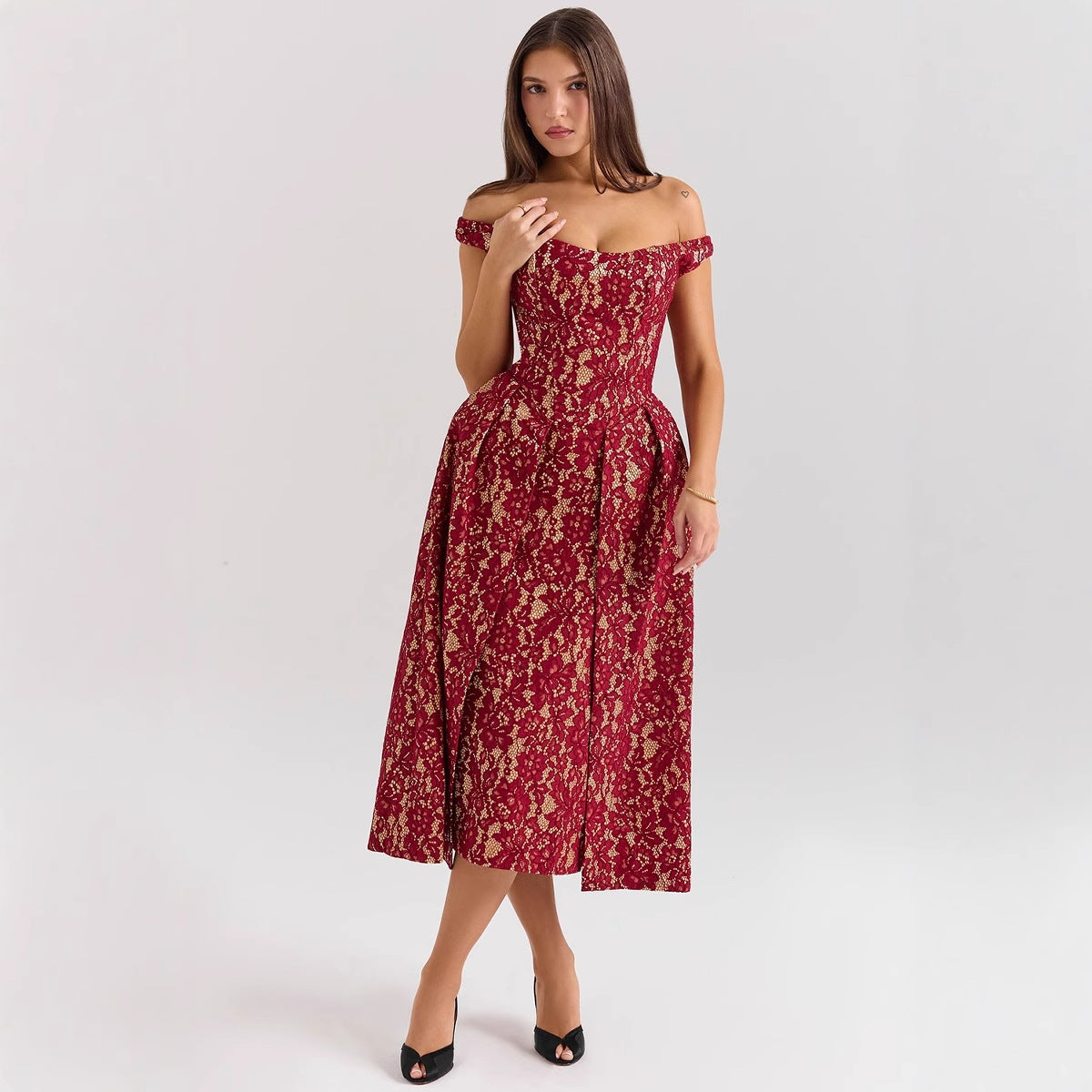 Dress for Women – Lace – Off-Shoulder – Open Back – Fitted Cut – Long Model