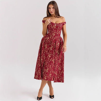 Dress for Women – Lace – Off-Shoulder – Open Back – Fitted Cut – Long Model