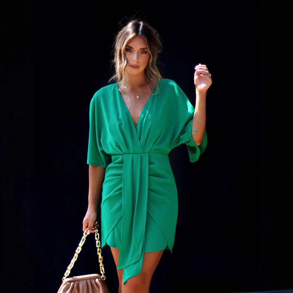 Women's Skater Dress – V-Neck – Draped Waist – Loose Fit – Short Length