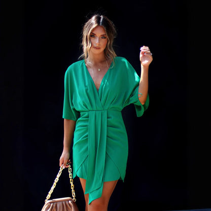 Women's Skater Dress – V-Neck – Draped Waist – Loose Fit – Short Length
