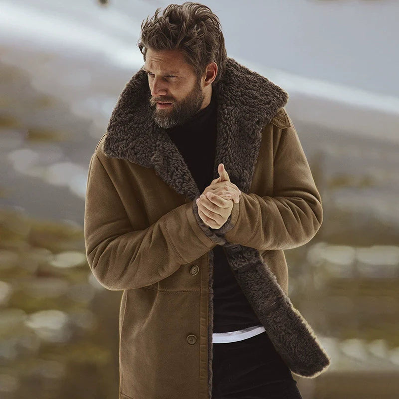 Men’s Coat - Woven Fabric - Relaxed Fit - Mid-Thigh Length - Shearling Collar