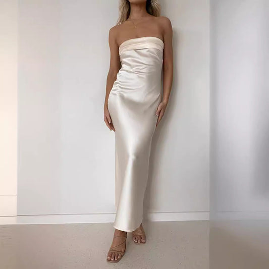 Women's Maxi Dress – Satin – Strapless – Slim Fit – Elegant Evening Dress