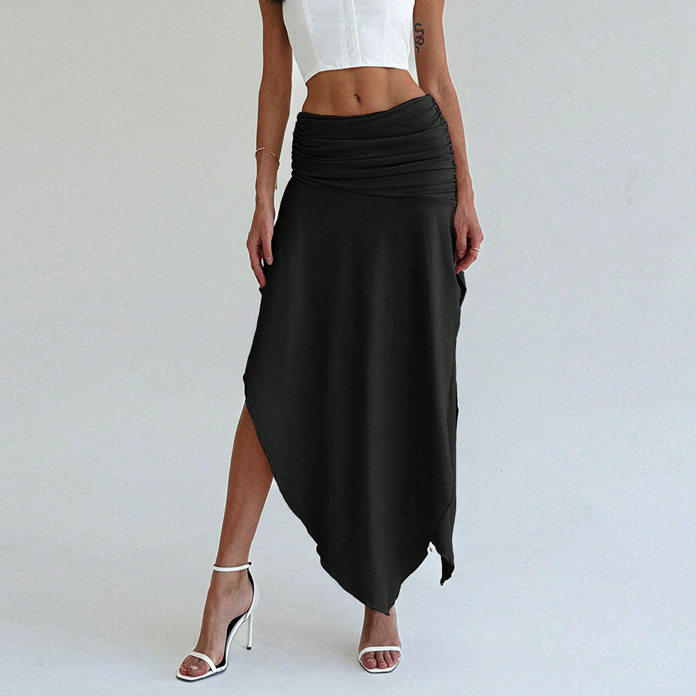 Women's Skirt Midi – Elegant Fit – Light Satin Look – Asymmetric Slit – Ruched Waist