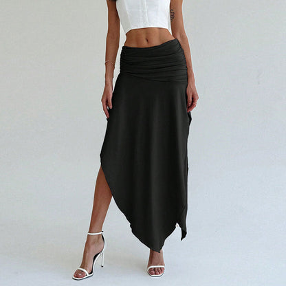 Women's Skirt Midi – Elegant Fit – Light Satin Look – Asymmetric Slit – Ruched Waist