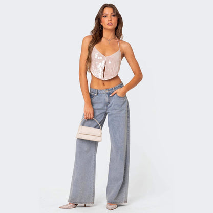 Women's Crop Top – Slim Fit – Halterneck – Deep V-Neck – Shiny Party Look