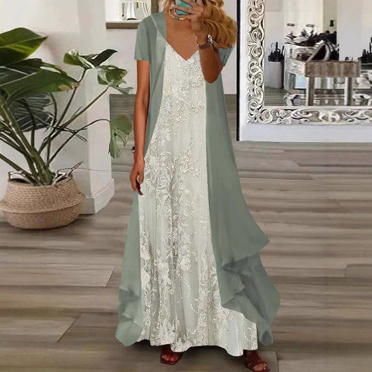 Women's Maxi Dress Set – Flowy Fit – Sheer Overlay – Embroidered Flowers – V-Neck