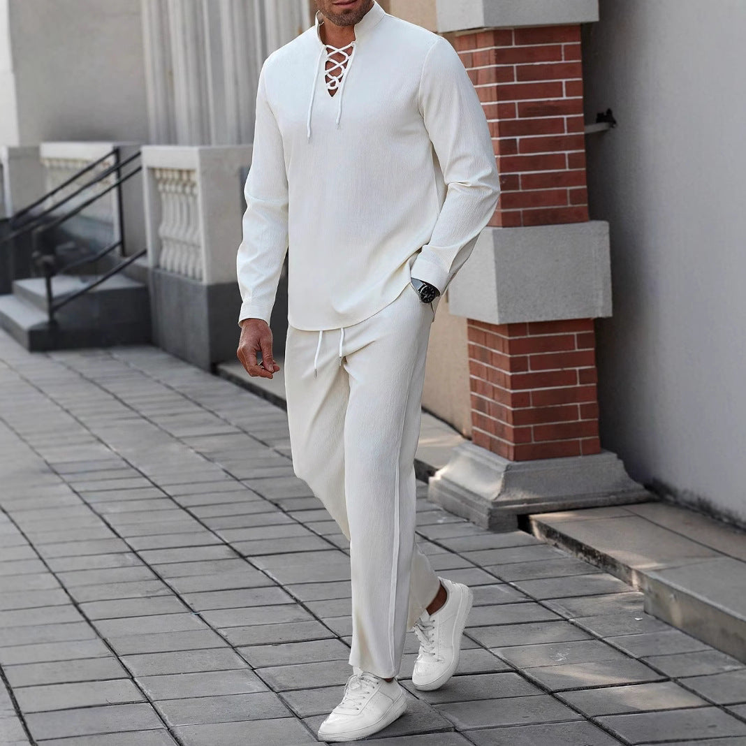 Men's Henley Shirt – Cotton Linen Mix – Relaxed Fit – Lace Closure – Mandarin Collar