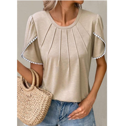 Women's T-shirt – Relaxed Fit – Soft Knit – Ruffle Sleeves – Pleated Front