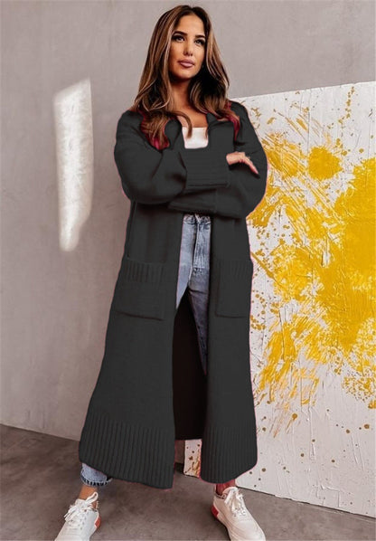 Women's Long Cardigan – Knit Fabric – Relaxed Fit – Open Front – Side Pockets
