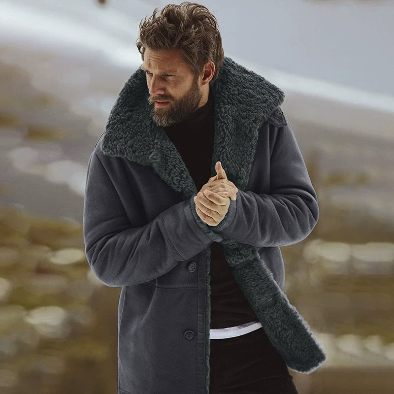 Men’s Coat - Woven Fabric - Relaxed Fit - Mid-Thigh Length - Shearling Collar
