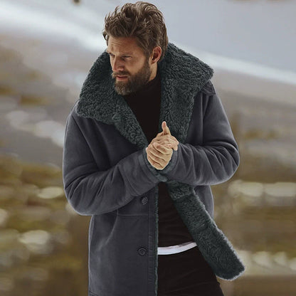 Men’s Coat - Woven Fabric - Relaxed Fit - Mid-Thigh Length - Shearling Collar