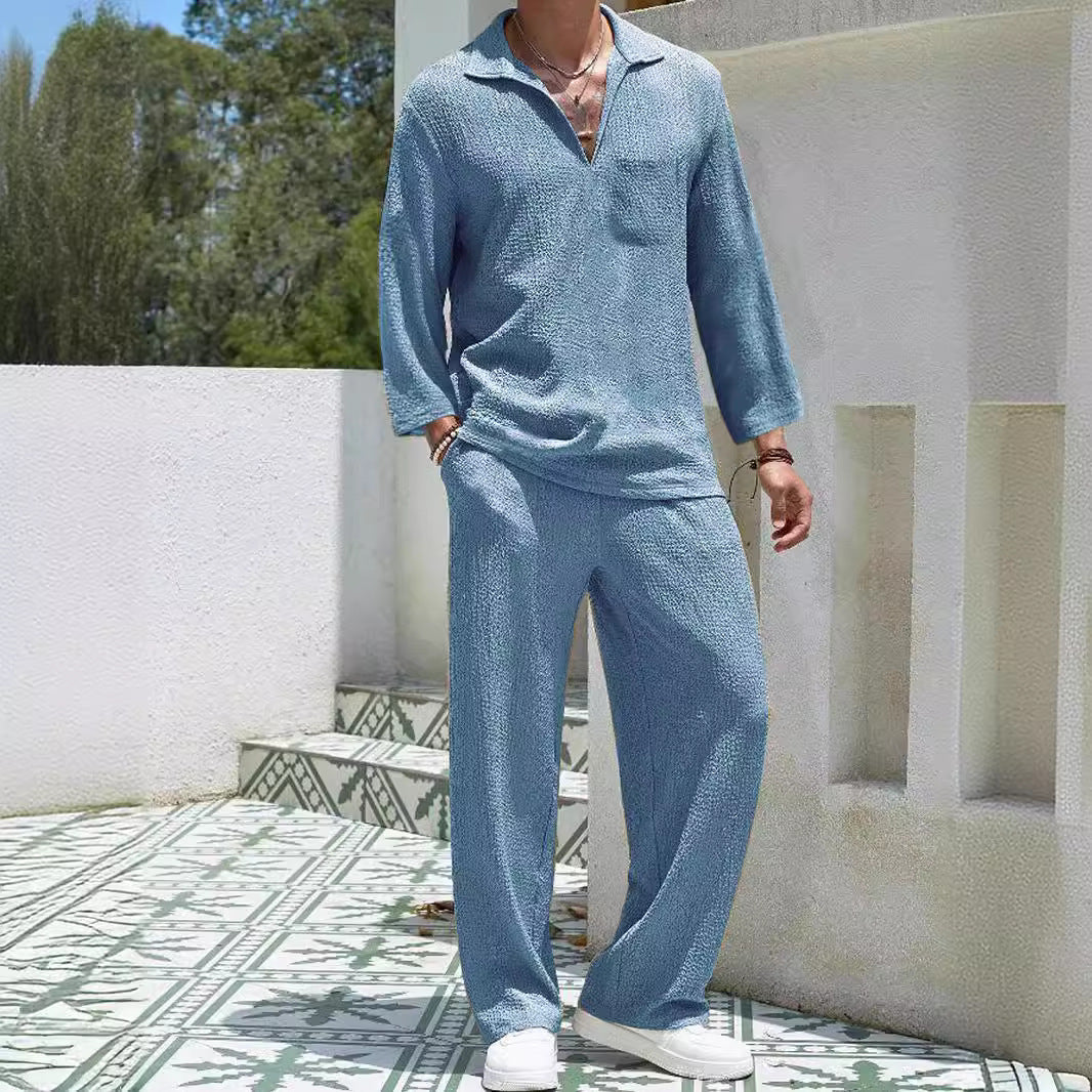 Men's loungewear set – relaxed fit – ribbed texture – long-sleeved shirt & pants