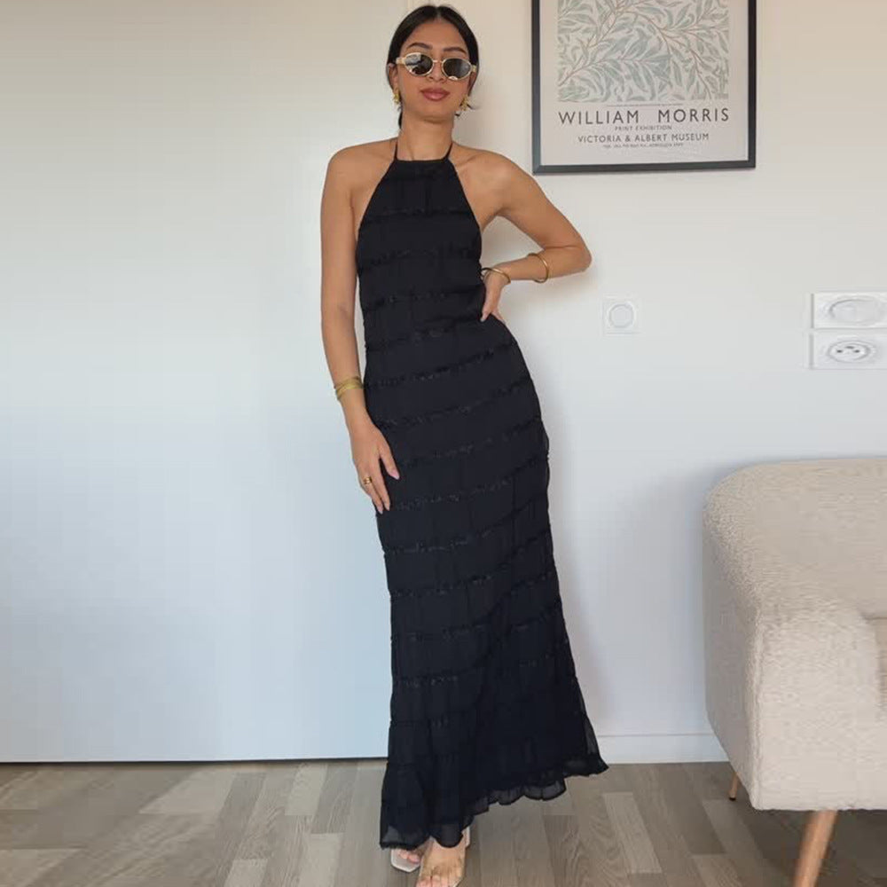 Women's Maxi Dress – Fitted Silhouette – Halterneck – Ruched Texture – Open Back