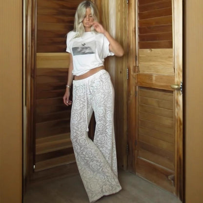 Women's Trousers with Width – Elegant Fit – Transparent Lace Design – Full Length