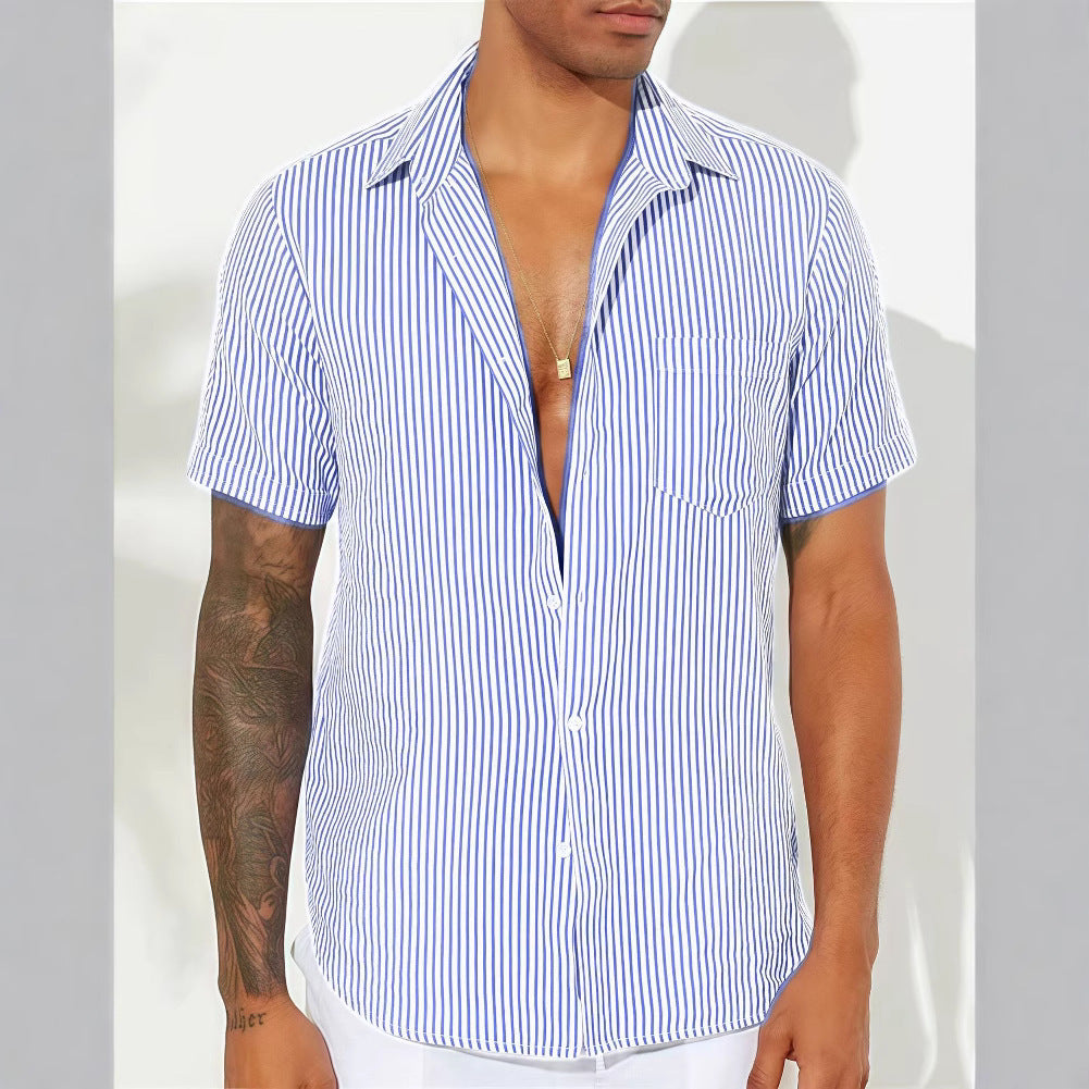 Men's Shirt – Relaxed Fit – Short Sleeves – Vertical Stripes – Chest Pocket