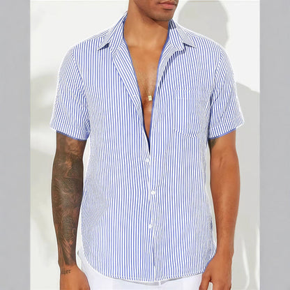 Men's Shirt – Relaxed Fit – Short Sleeves – Vertical Stripes – Chest Pocket