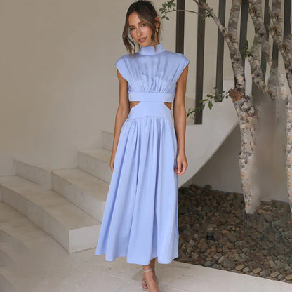 Dress for Women – Midi – Fitted Waist – Pleated Top – Waist Cutout