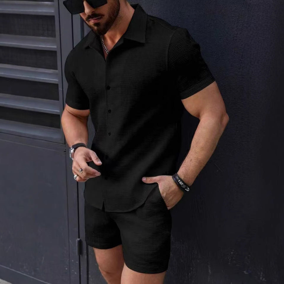 Men's Set – Slim Fit Shirt with Buttons & Shorts – Breathable Comfortable Fit