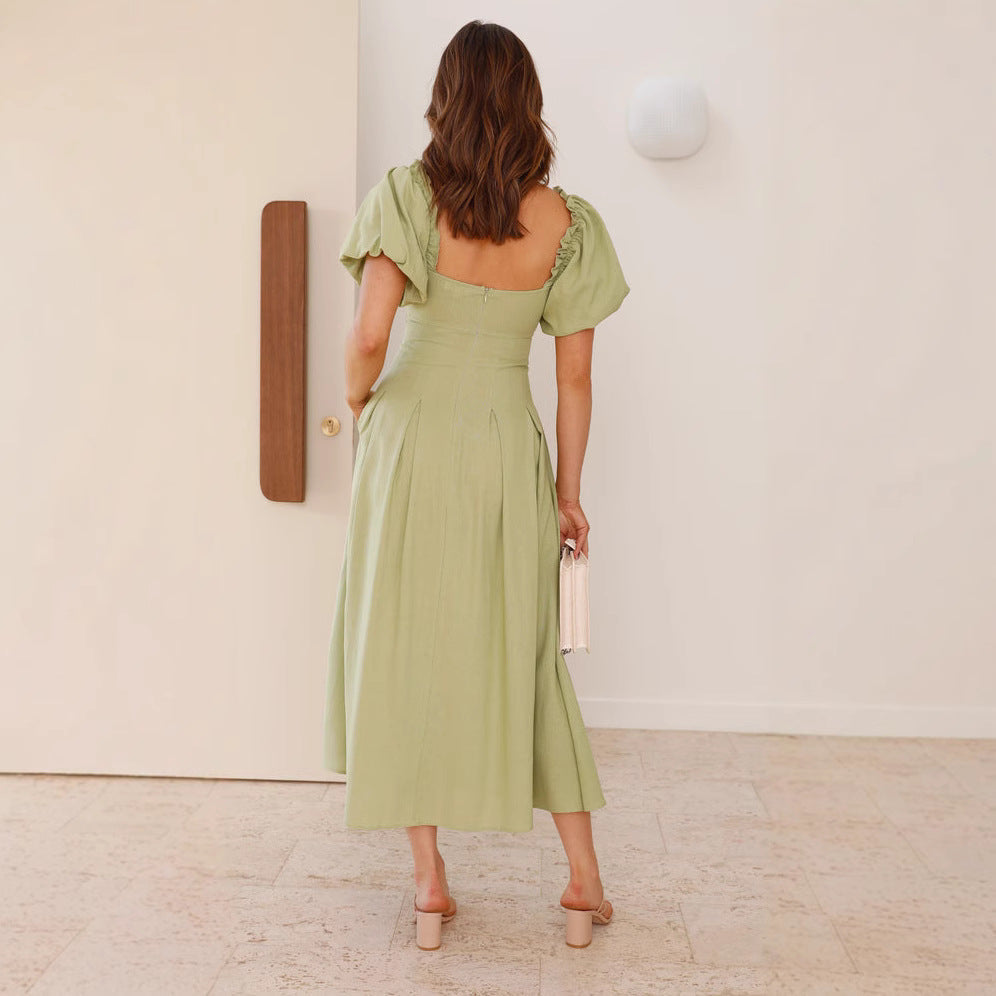 Women's Long Dress – Fit and Flare – Puff Sleeves – V-Neck – Light and Breathable