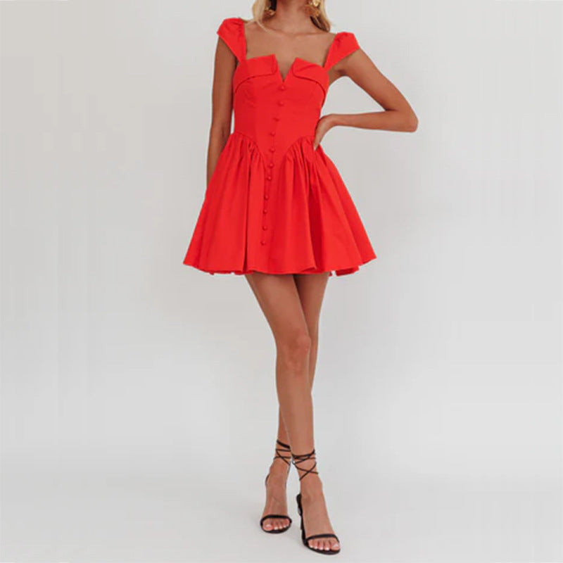 Women's Short-Sleeved Dress – Fitted Bodice – Pleated A-Line Skirt – Breathable Material