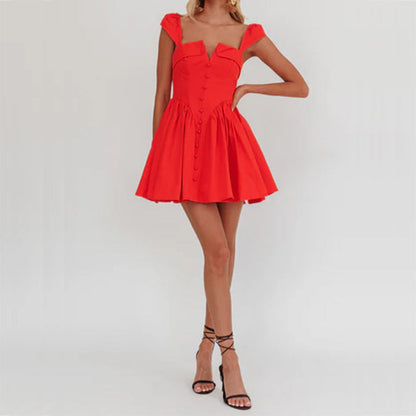 Women's Short-Sleeved Dress – Fitted Bodice – Pleated A-Line Skirt – Breathable Material