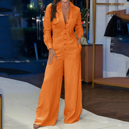Women's Jumpsuit – Cotton Blend – Tailored Top – Wide Legs – Button Closure