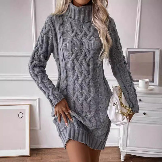 Women's Sweater Dress – Wool Blend – Slim Fit – Cable Knit – Turtleneck – Mini Length