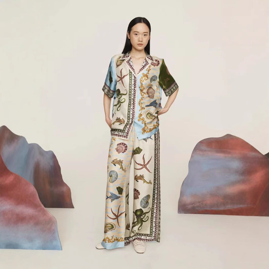 Women's Set with Shirt and Pants – Linen Blend – Relaxed Fit – Wide Leg – Print