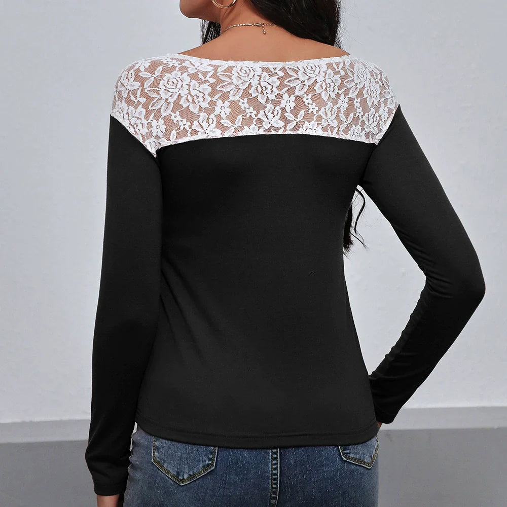 Women's Long Sleeve T-shirt – Slim Fit – Lace at Neck – Round Neckline