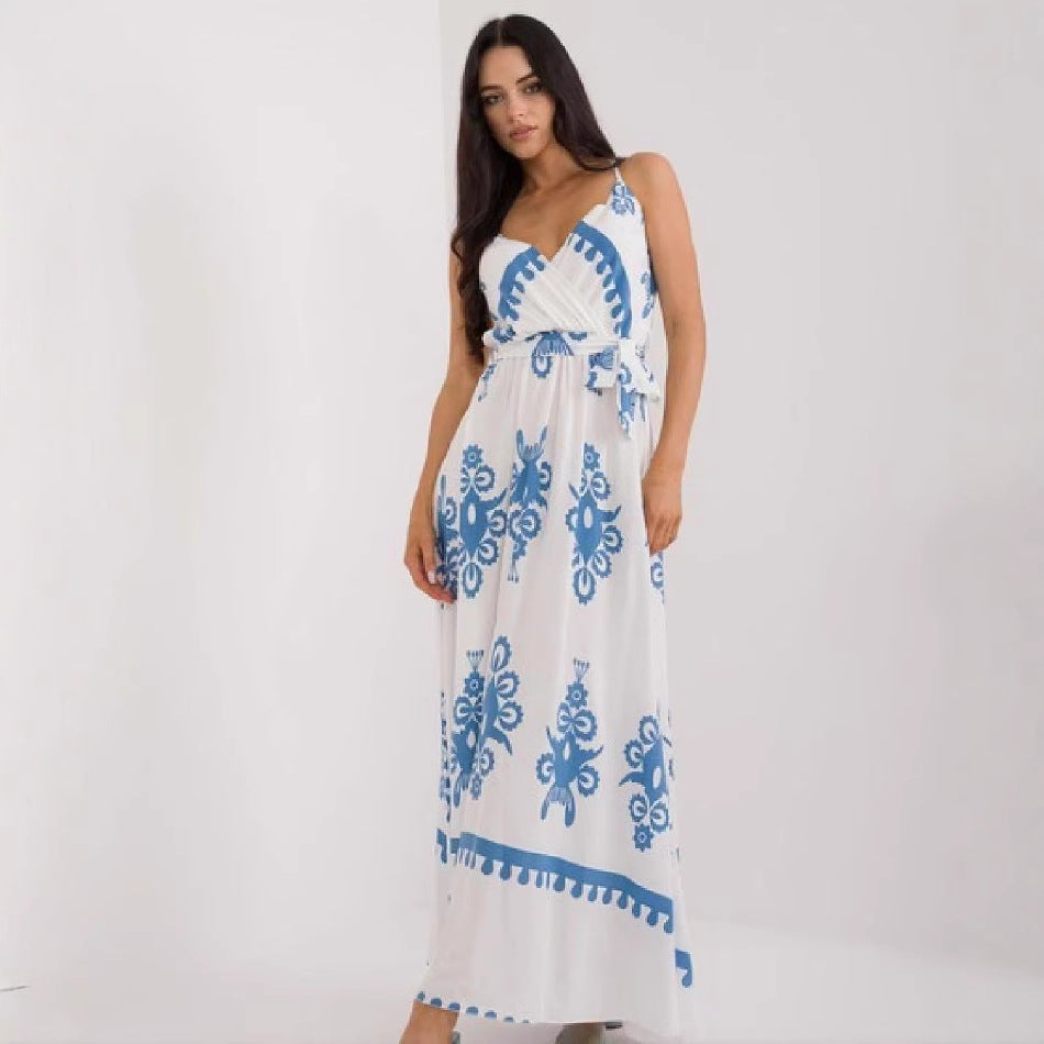 Women's Maxi Dress – Cotton – Sleeveless – V-Neck – Empire Waist – Print – Tie Belt