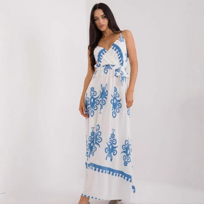 Women's Maxi Dress – Cotton – Sleeveless – V-Neck – Empire Waist – Print – Tie Belt