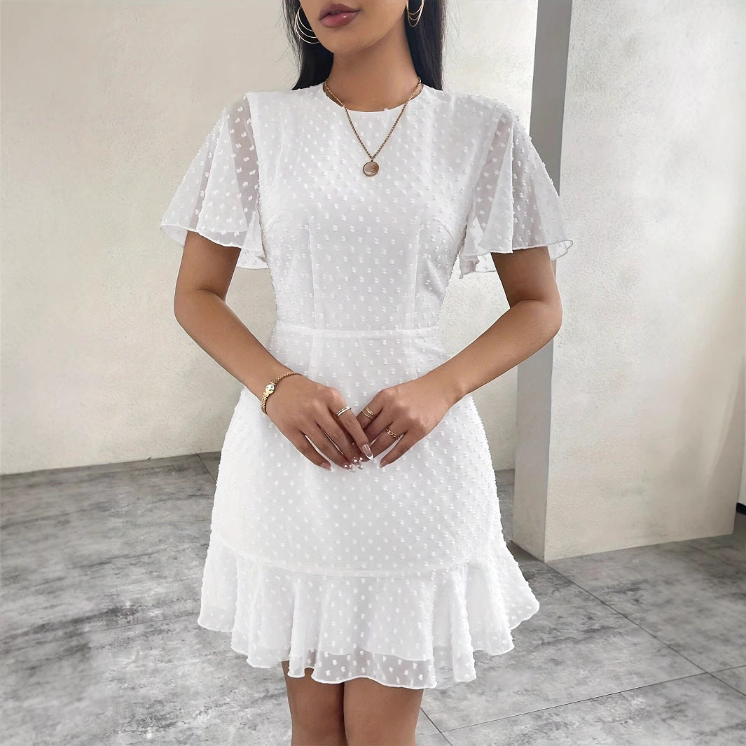 Dress for Women – A-line Fit – Mini Length – Jacquard Pattern – Short Ruffle Sleeves