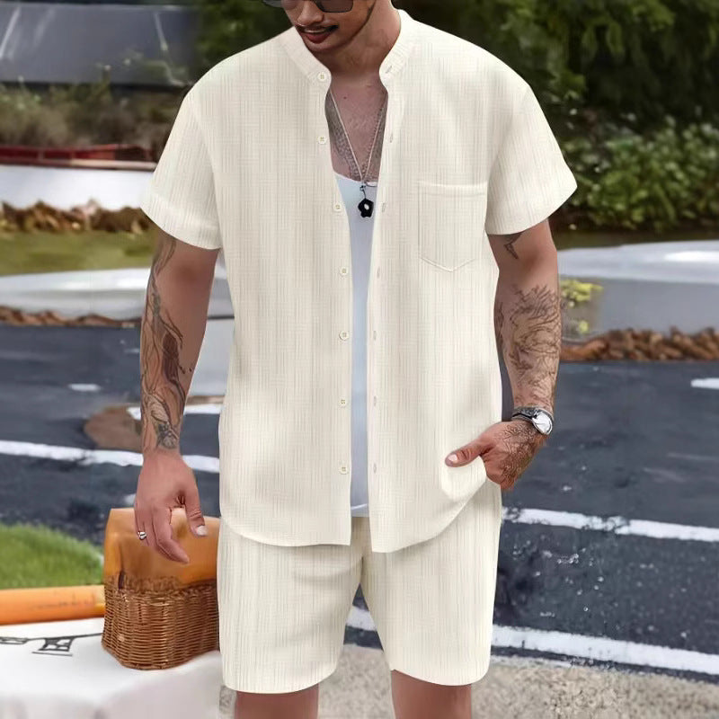 Men's Set – Relaxed Fit – Henley Shirt with Shorts – Breathable Lightweight Design