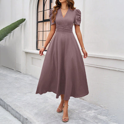 Damekjole midi – Fit and flare – V-udskæring – Puffærmer – Rynket talje