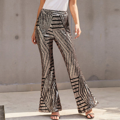 Women's Pants – High Waist – Sequin Pattern – Wide Leg – Elegant Full Length