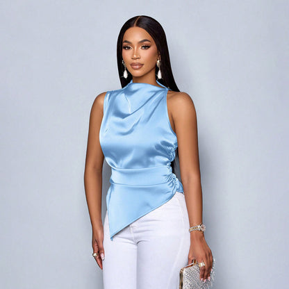 Women's Sleeveless Blouse – Slim Fit – High Neck – Shiny Luxurious Fabric – Asymmetric Hem