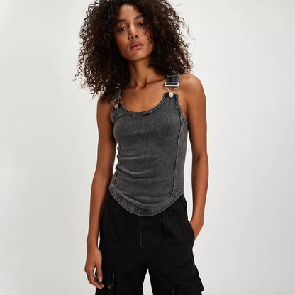 Women's Tank Top – Slim Fit Rib Knit – Removable Straps with Buckle – Round Neck