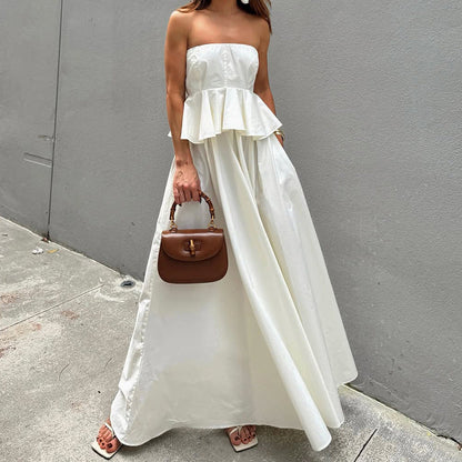 Dress for Women – Strapless Maxi – Peplum Waist – A-line Silhouette – With Pockets