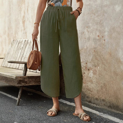 Women's Trousers – Cropped – Wide Leg – High Waist – Drawstring Closure – Breathable Mix
