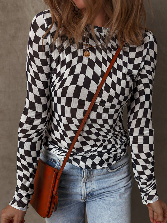 Women's Long-Sleeved Top – Slim Fit – Stretch Knit – Checkered Pattern – Round Neck