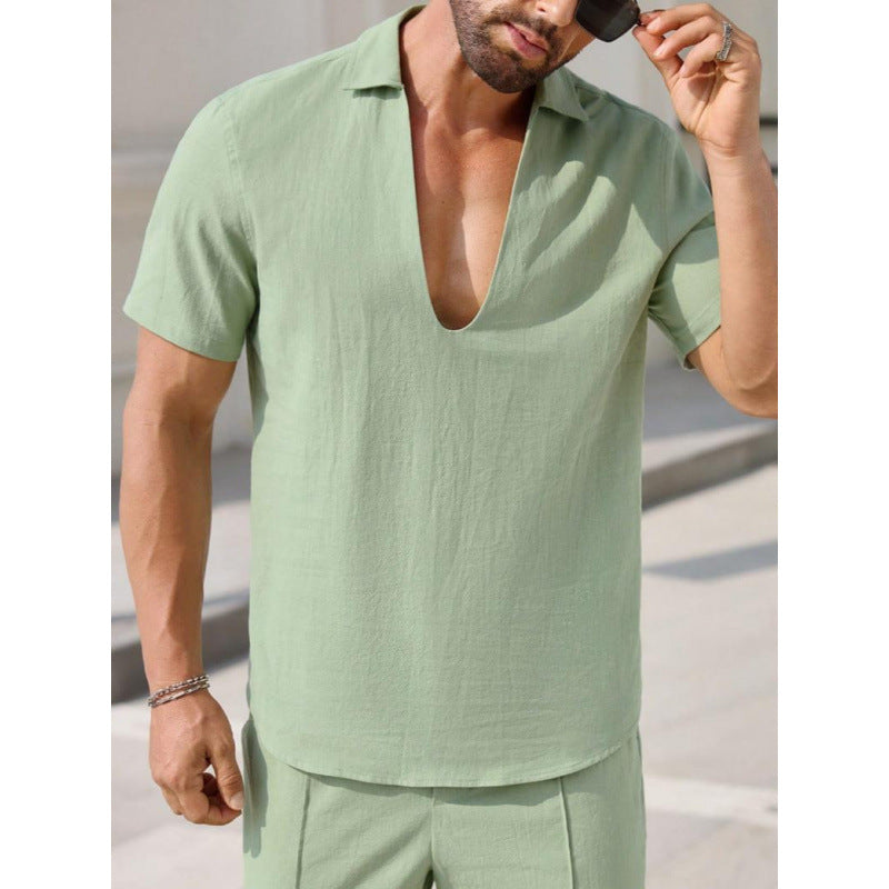 Men's Two-piece Set – Casual Fit – Breathable Fabric – V-neck Shirt & Pants