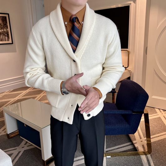 Men's Cardigan – Relaxed Fit  – Shawl Collar – Button Closure – Rib Details