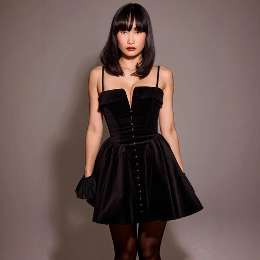 Dress for Women – Mini A-line Fit – Velour – Deep V-neck – Thin Straps – Button Details