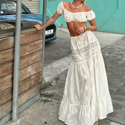 Women's Two-piece Set – Off Shoulder Crop Top – High Waist Layered Maxi Skirt