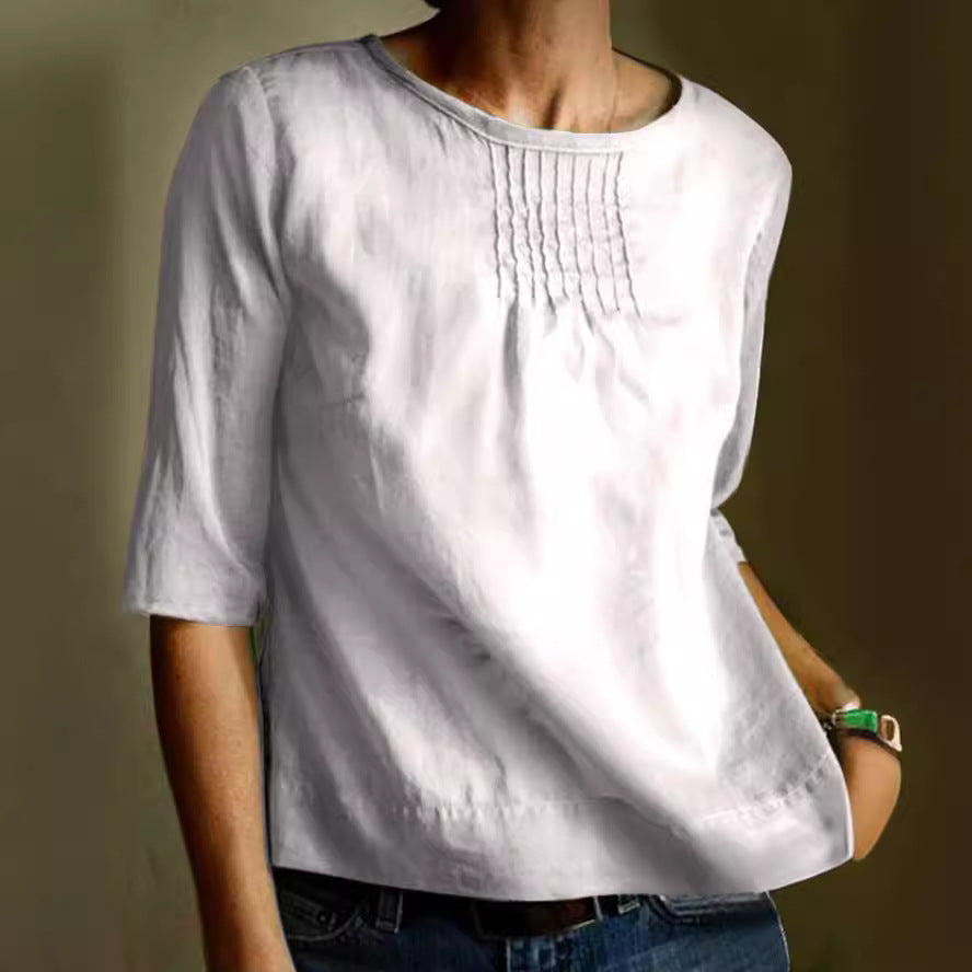 Damebluse – Bomuld Hør Mix – Løs Pasform – 3/4 Ærmer – Plisseret Front