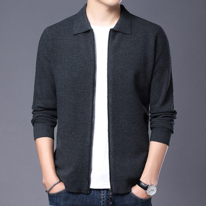 Men's Cardigan – Slim Fit – Wool – Zipper Closure – Classic Collar – Ribbed Edge