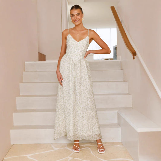 Women's Maxi Dress – Sleeveless Flared Fit – V-Neck – Floral Pattern – Bow Detail