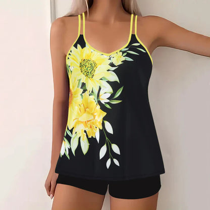 Women's Tankini Set – Relaxed Fit – V-Neck – Spaghetti Straps – Full Coverage Shorts