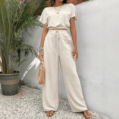 Women's Set – Casual Crop Top with Batwing Sleeves – Wide Trousers with Drawstring